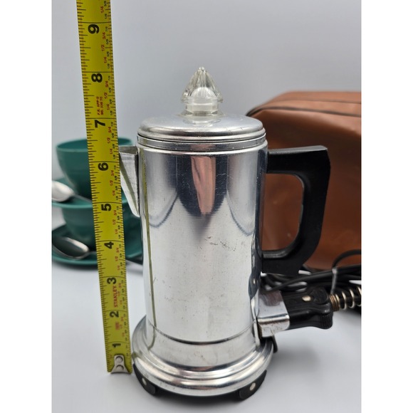 Empire Coffeepot USA Teal Melamine Tea Cups Saucers Spoons Set 2 Vintage - Picture 12 of 16